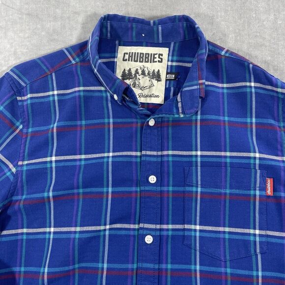 Chubbies Mens Medium Blue Plaid‎ Button Down Long Sleeve Shirt - Picture 2 of 7